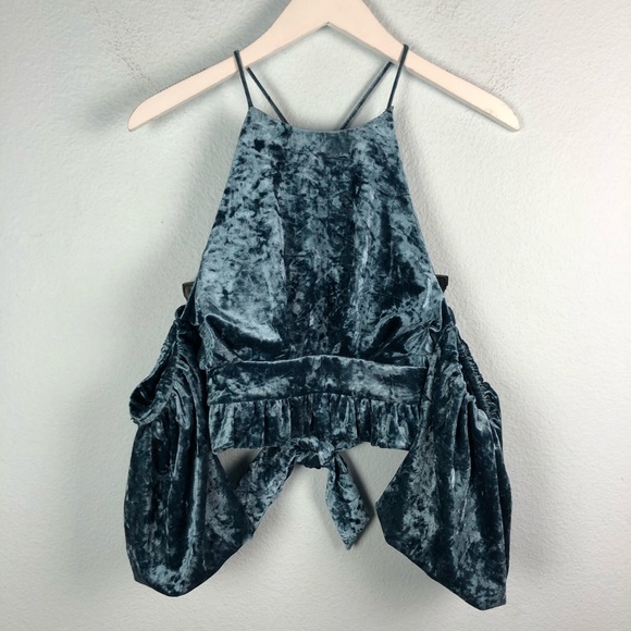 Misa Los Angeles Tops - MISA  blue velvet off the shoulder tie back top